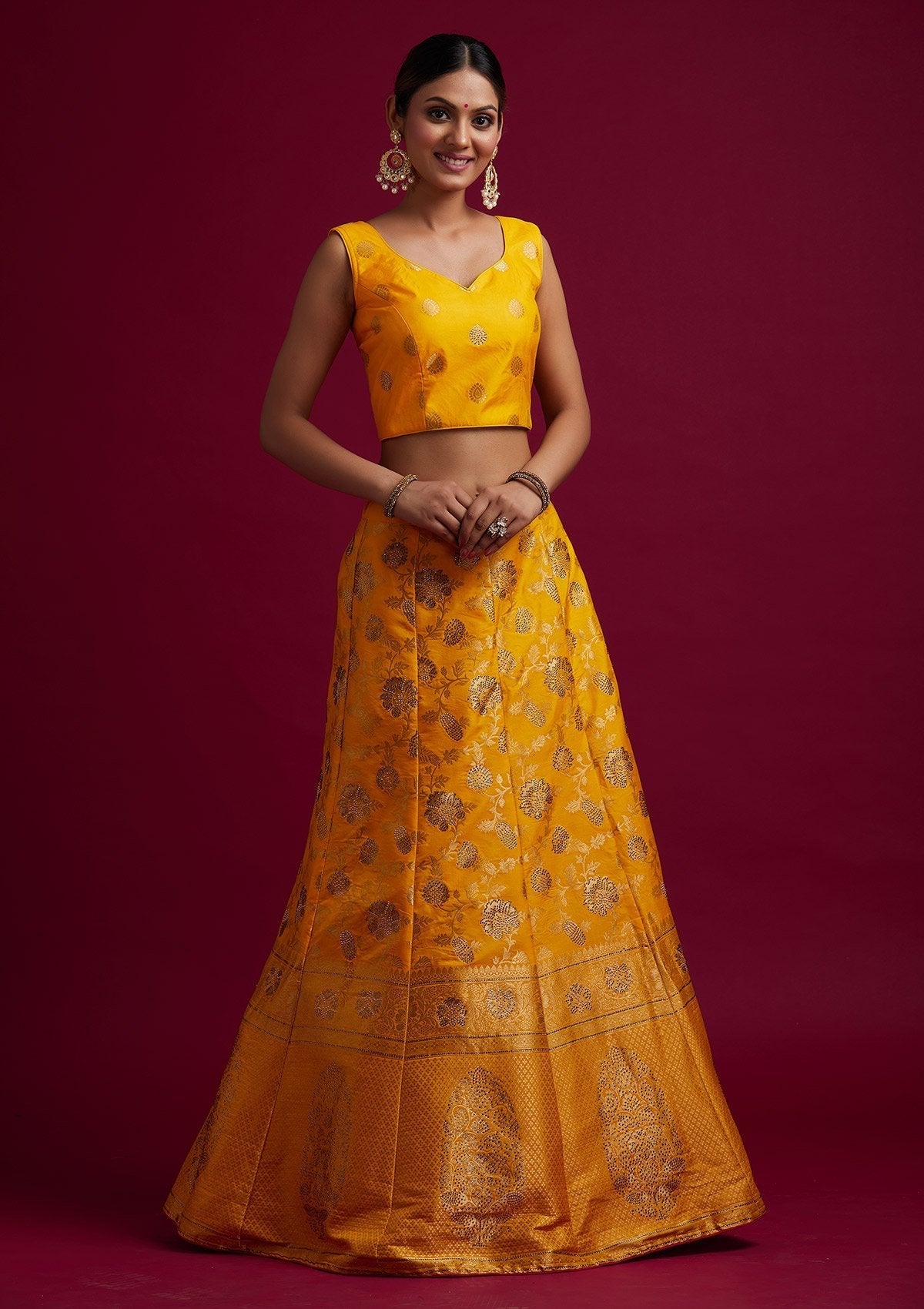 Yellow Stonework Banarasi Designer Semi-Stitched Lehenga - koskii