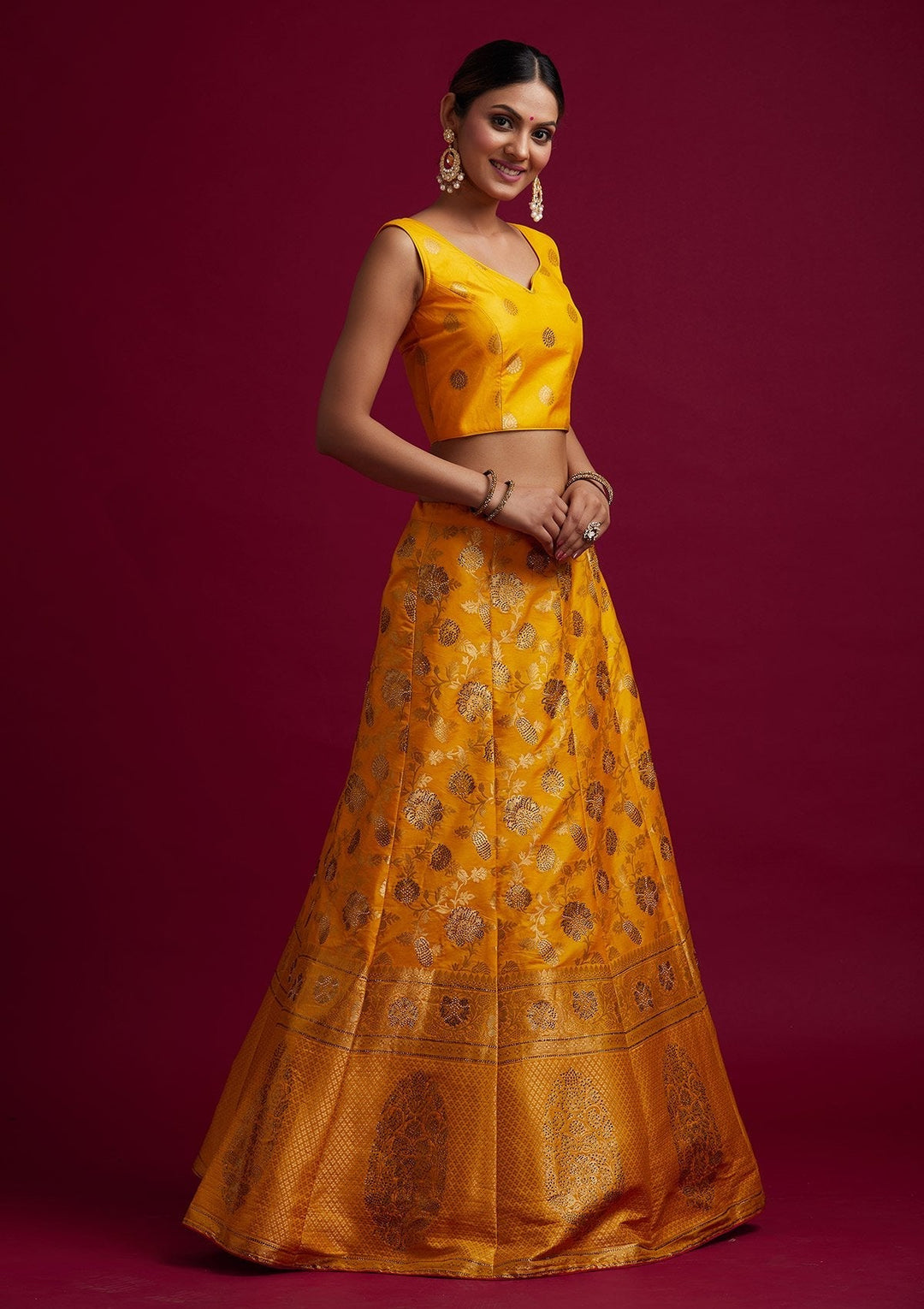 Yellow Stonework Banarasi Designer Semi-Stitched Lehenga - koskii
