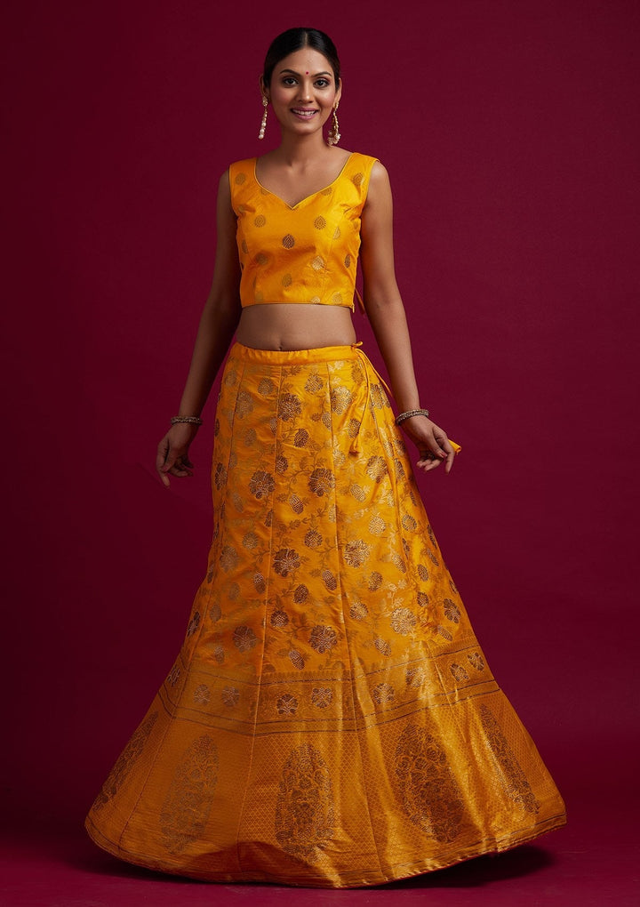 Yellow Stonework Banarasi Designer Semi-Stitched Lehenga - koskii
