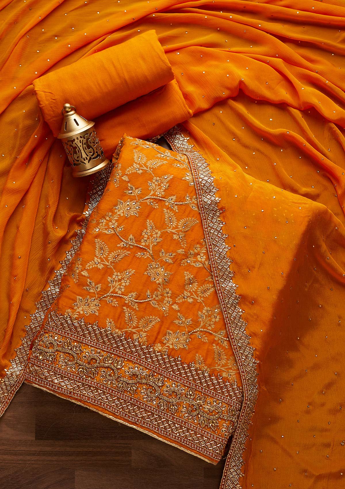 Yellow Stonework Chanderi Designer Unstitched Salwar Suit - Koskii
