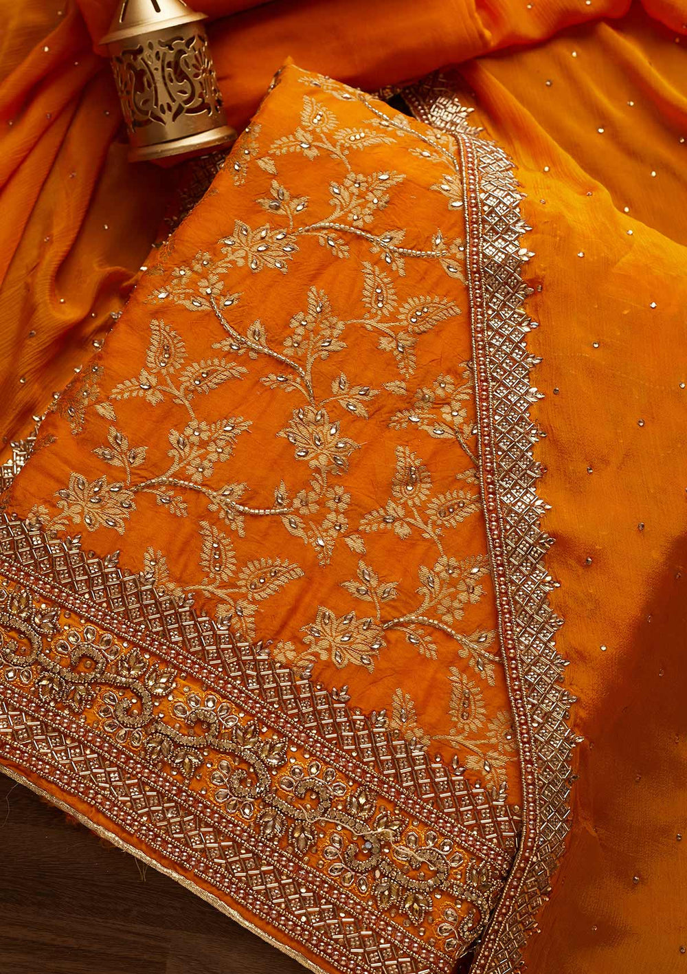 Yellow Stonework Chanderi Designer Unstitched Salwar Suit - Koskii