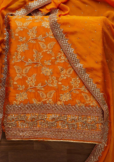 Yellow Stonework Chanderi Designer Unstitched Salwar Suit - Koskii