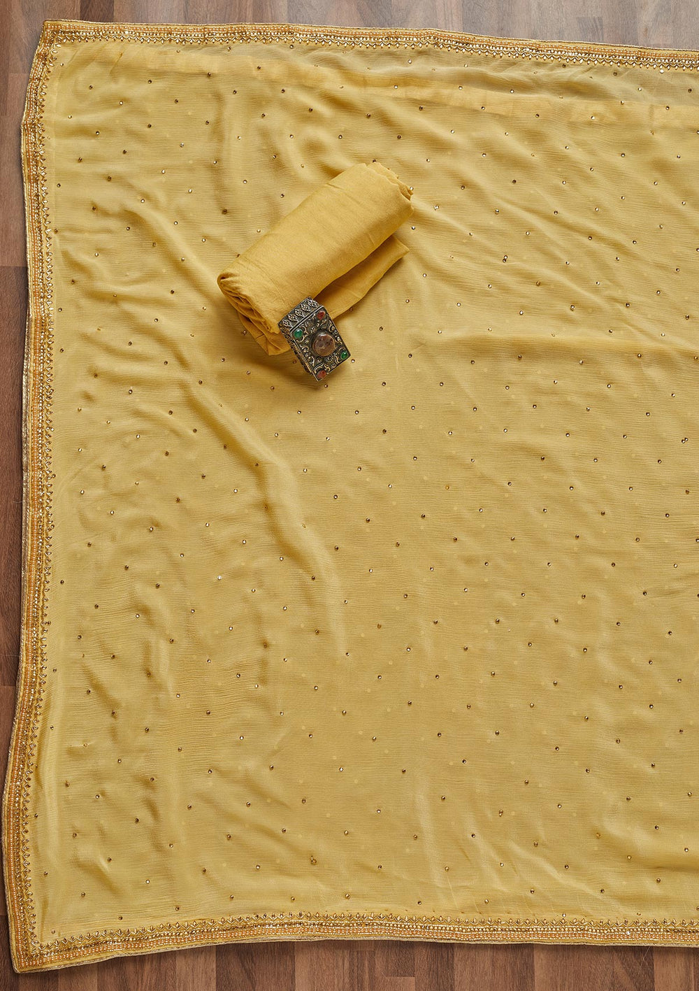 Yellow Stonework Chanderi Unstitched Salwar Suit - Koskii