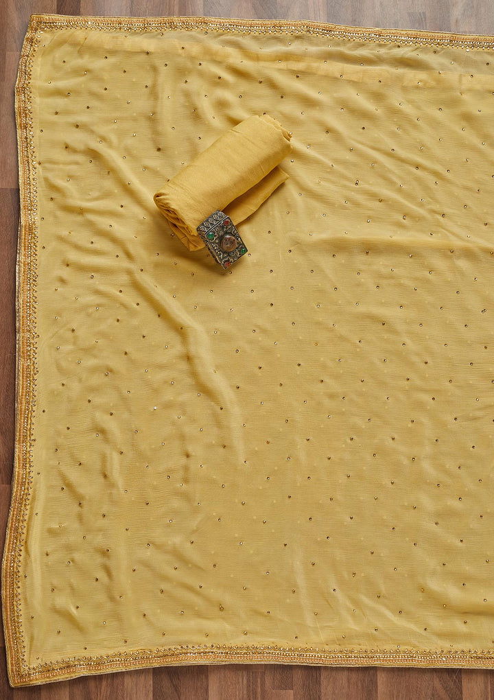 Yellow Stonework Chanderi Unstitched Salwar Suit - Koskii