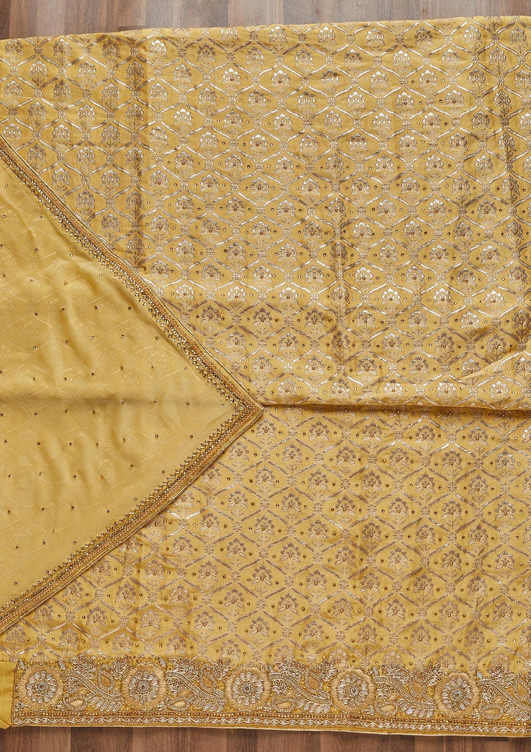 Yellow Stonework Chanderi Unstitched Salwar Suit - Koskii