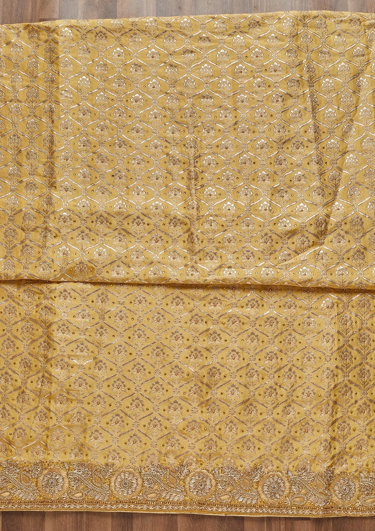 Yellow Stonework Chanderi Unstitched Salwar Suit - Koskii