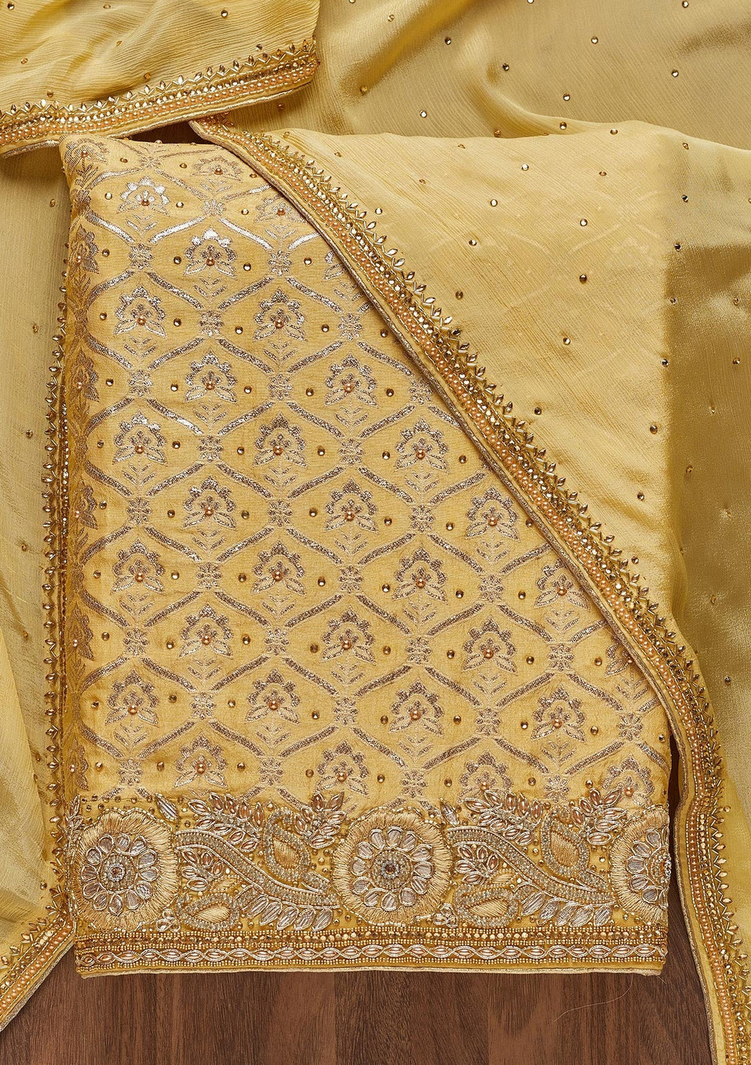 Yellow Stonework Chanderi Unstitched Salwar Suit - Koskii