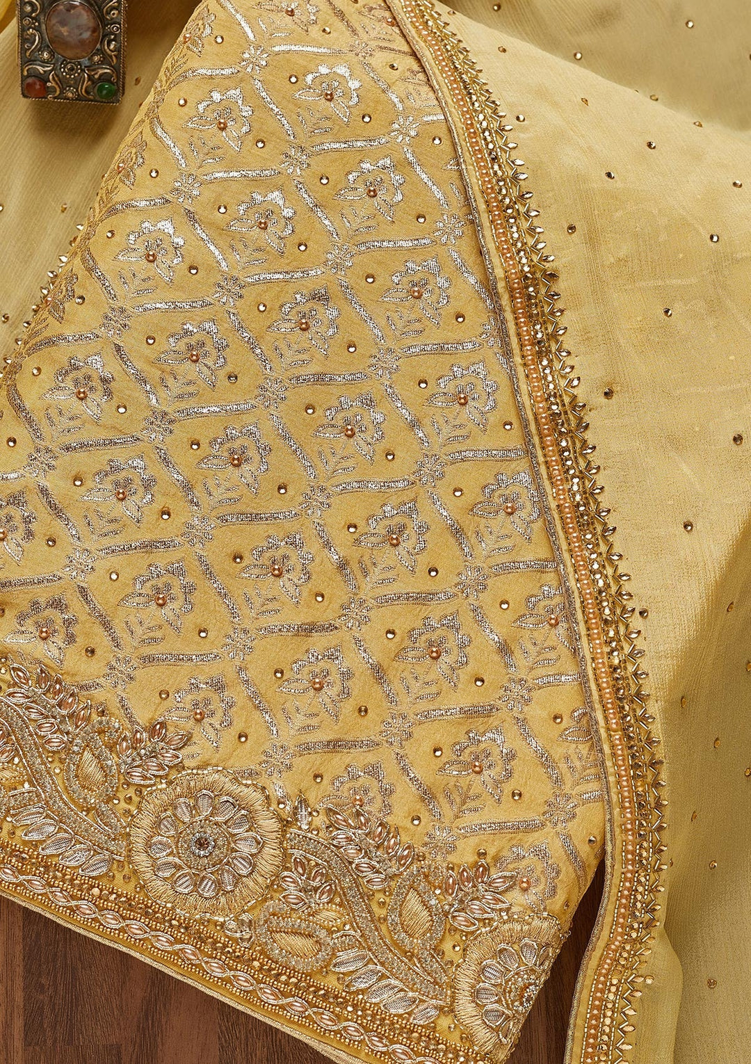 Yellow Stonework Chanderi Unstitched Salwar Suit - Koskii