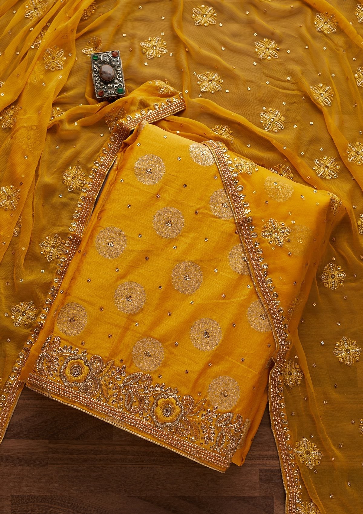 Yellow Stonework Georgette Designer Unstitched Salwar Suit - Koskii