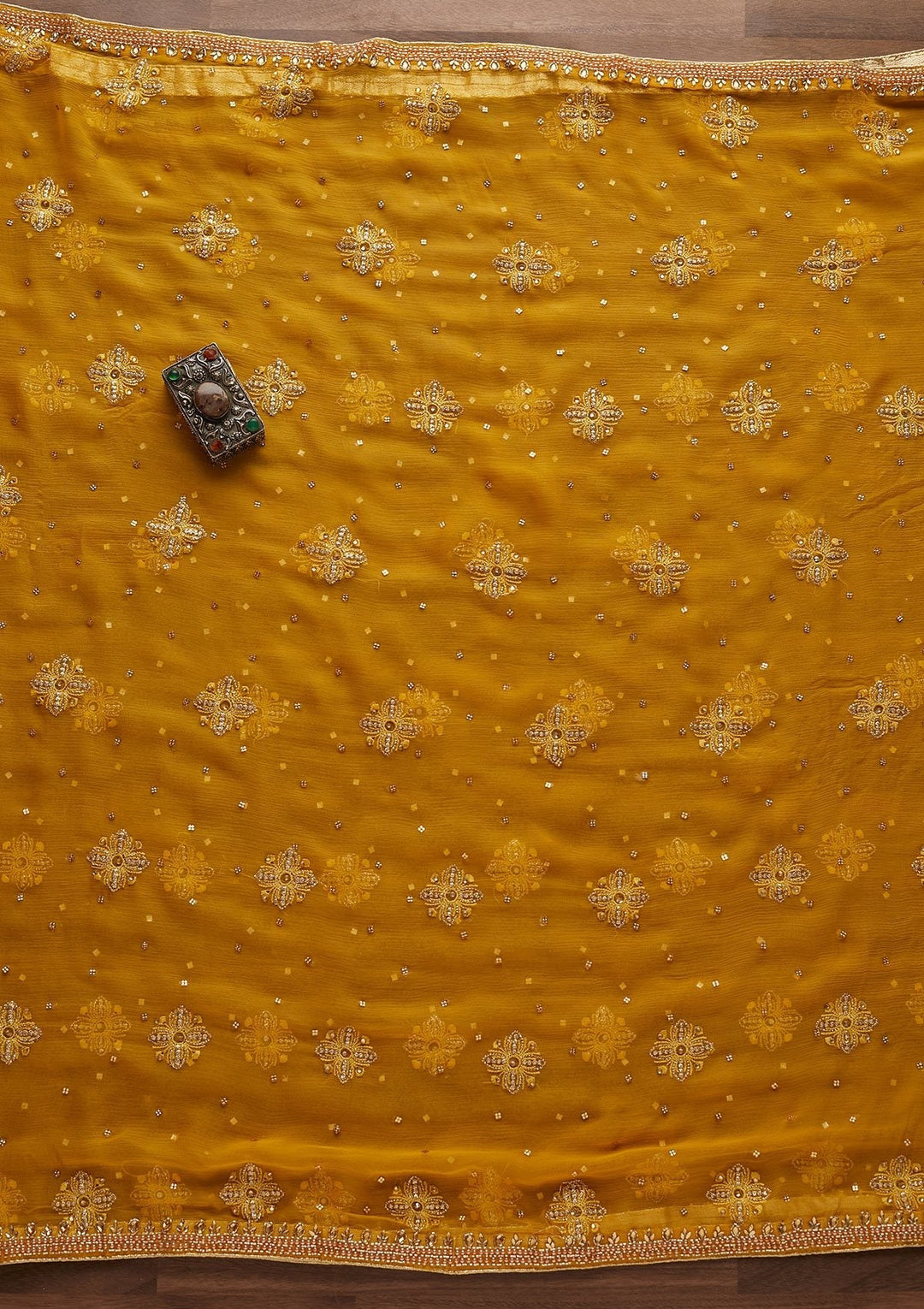 Yellow Stonework Georgette Designer Unstitched Salwar Suit - Koskii