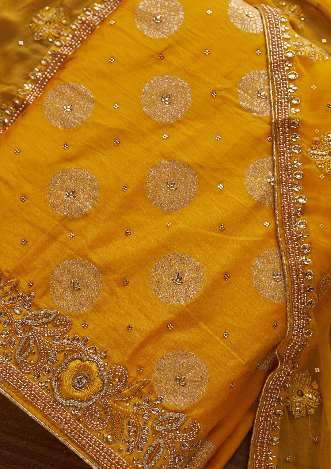 Yellow Stonework Georgette Designer Unstitched Salwar Suit - Koskii