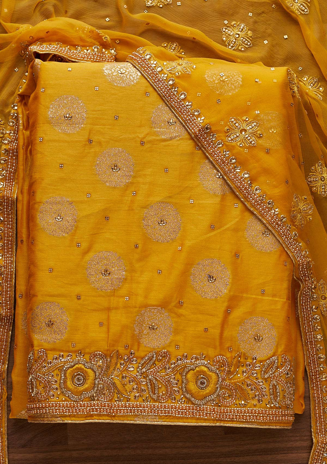 Yellow Stonework Georgette Designer Unstitched Salwar Suit - Koskii