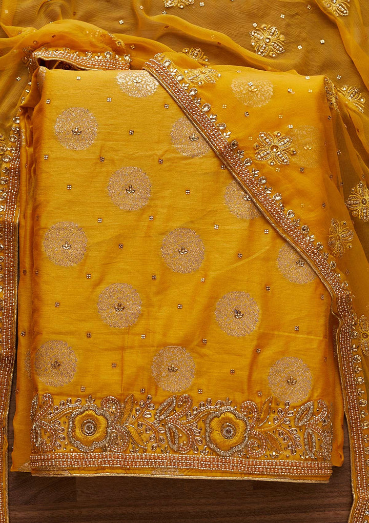 Yellow Stonework Georgette Designer Unstitched Salwar Suit - Koskii