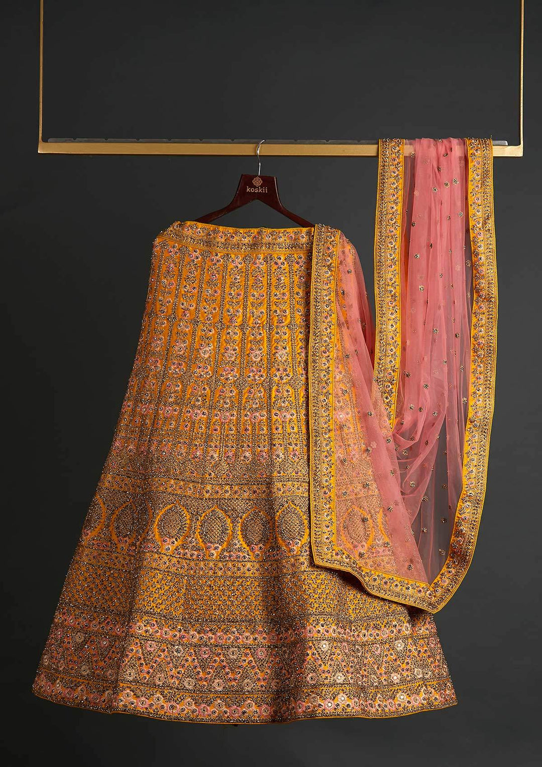 Yellow Stonework Raw Silk Designer Semi-Stitched Lehenga - koskii