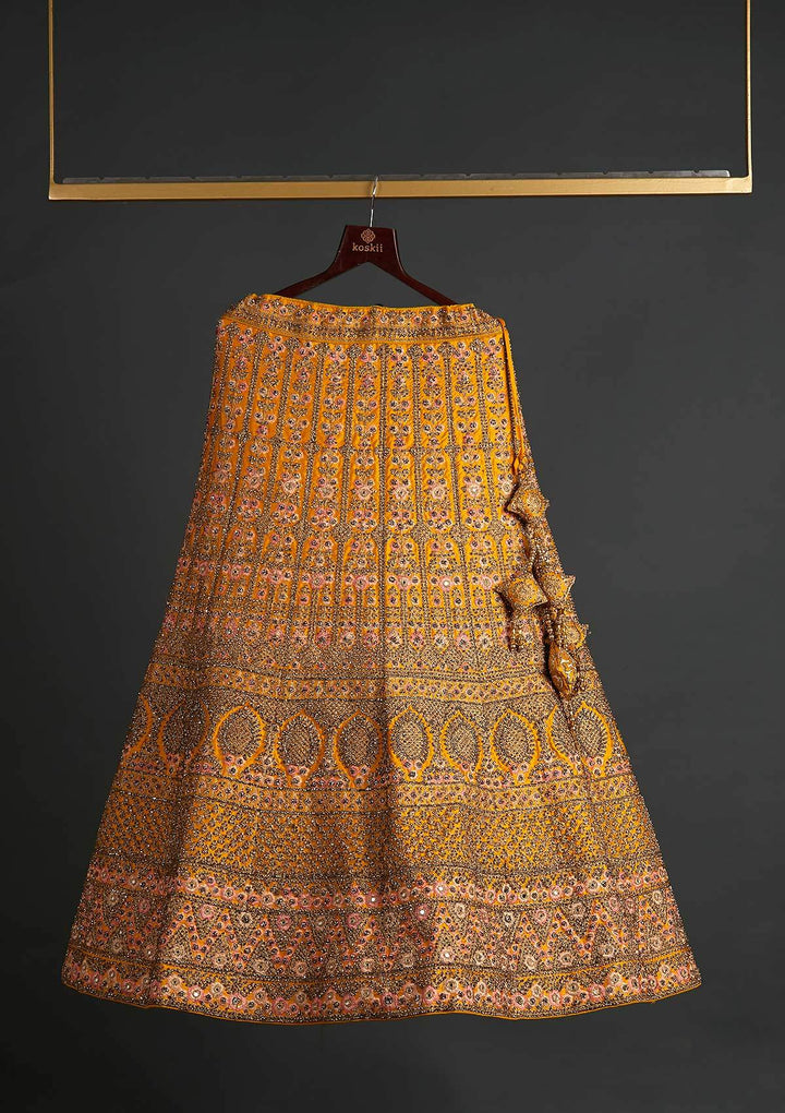 Yellow Stonework Raw Silk Designer Semi-Stitched Lehenga - koskii