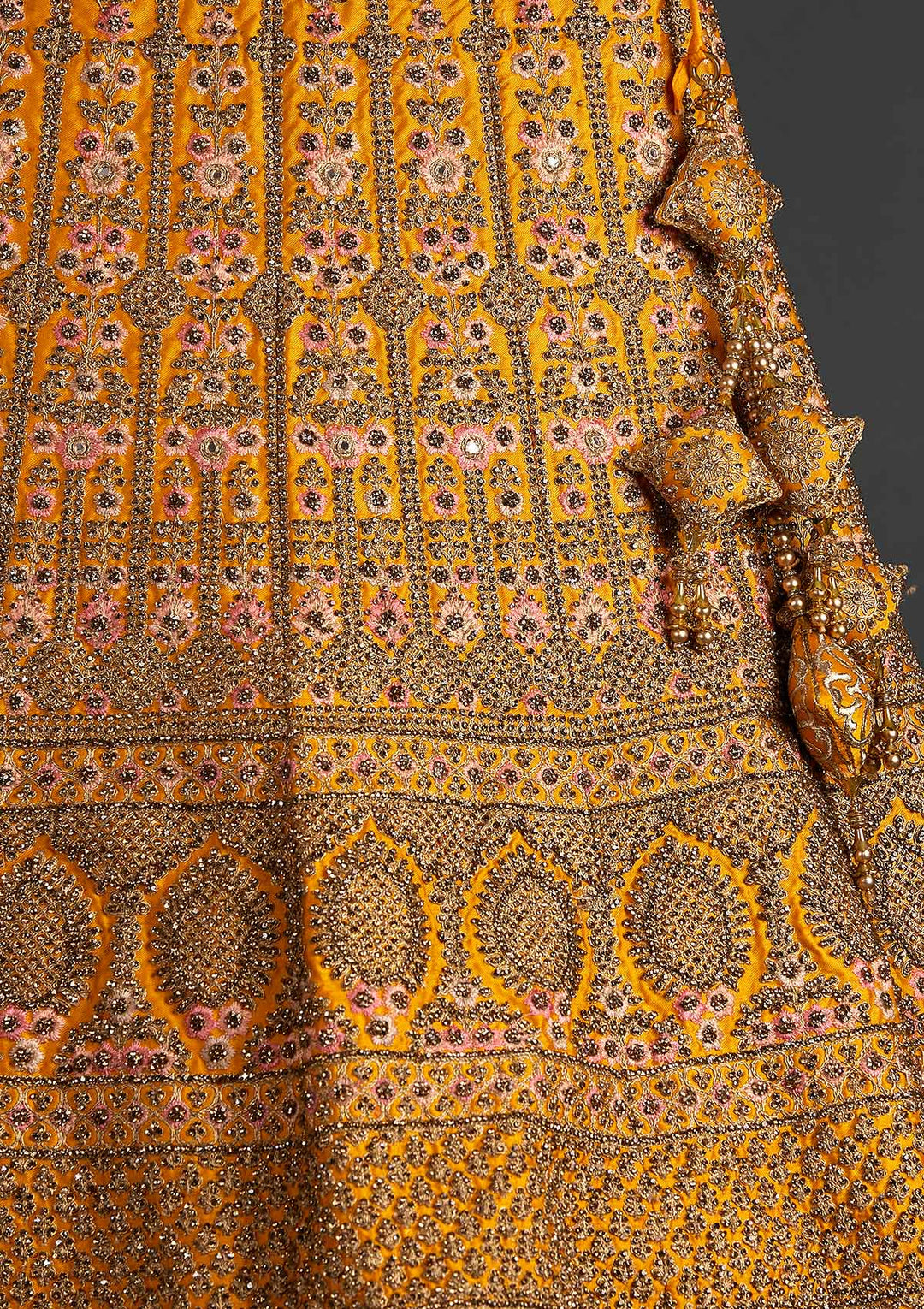 Yellow Stonework Raw Silk Designer Semi-Stitched Lehenga - koskii