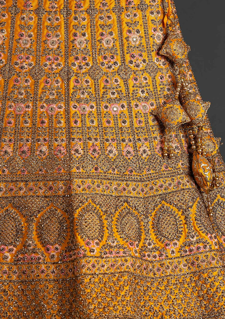 Yellow Stonework Raw Silk Designer Semi-Stitched Lehenga - koskii