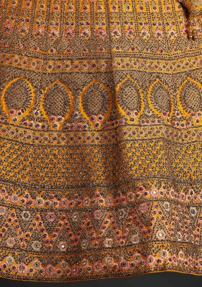 Yellow Stonework Raw Silk Designer Semi-Stitched Lehenga - koskii