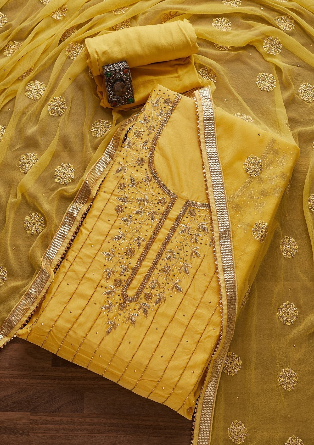 Yellow Stonework Semi Crepe Designer Unstitched Salwar Suit - Koskii