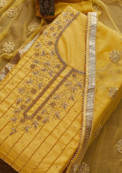 Yellow Stonework Semi Crepe Designer Unstitched Salwar Suit - Koskii