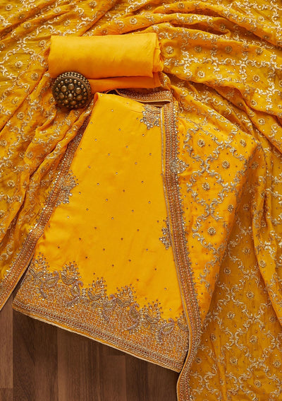 Yellow Stonework Semi Crepe Unstitched Salwar Suit-Koskii