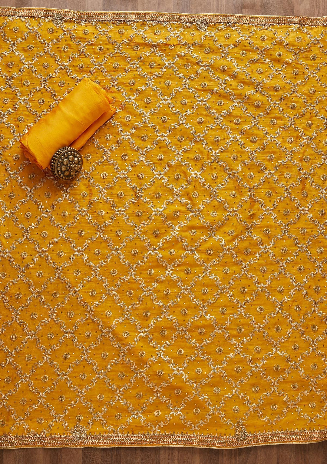 Yellow Stonework Semi Crepe Unstitched Salwar Suit-Koskii