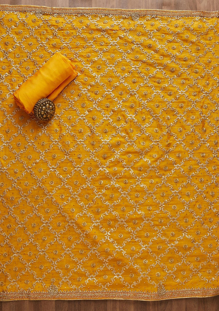 Yellow Stonework Semi Crepe Unstitched Salwar Suit-Koskii
