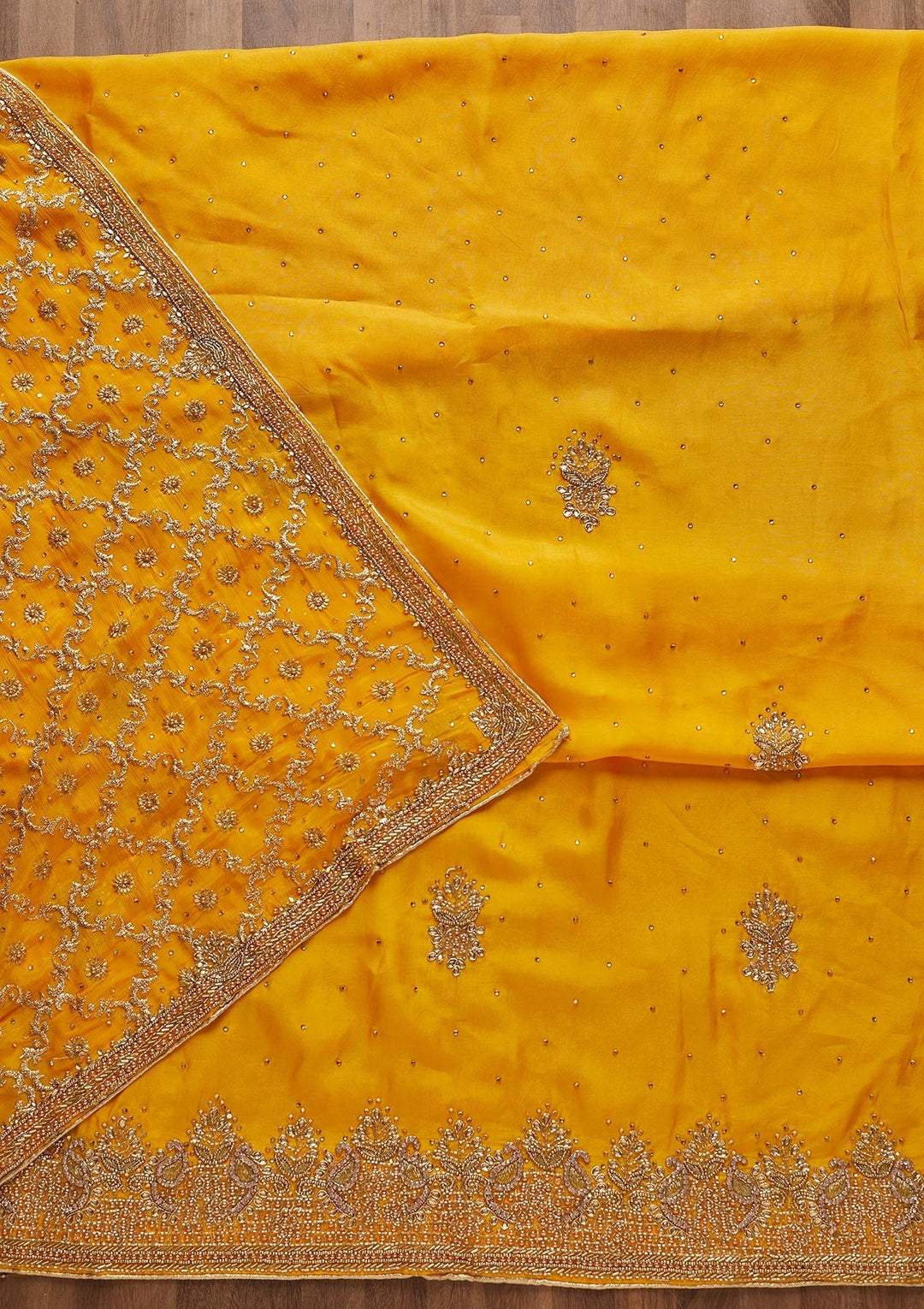 Yellow Stonework Semi Crepe Unstitched Salwar Suit-Koskii