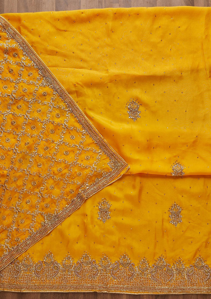 Yellow Stonework Semi Crepe Unstitched Salwar Suit-Koskii