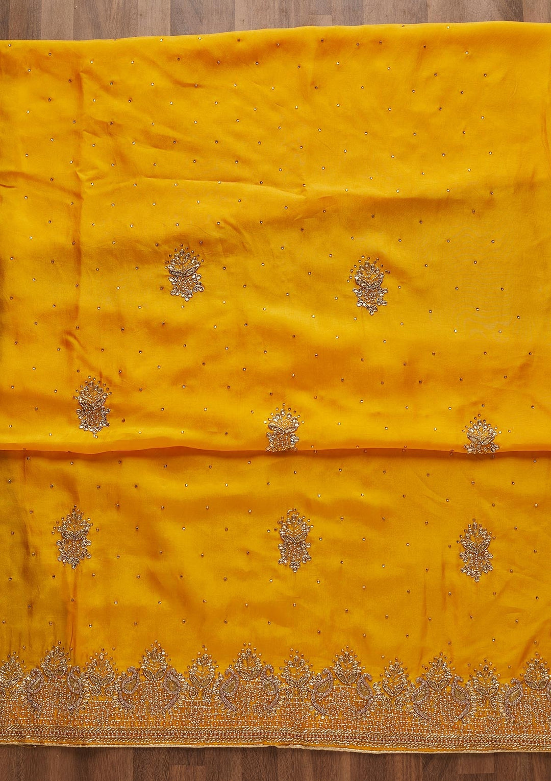 Yellow Stonework Semi Crepe Unstitched Salwar Suit-Koskii