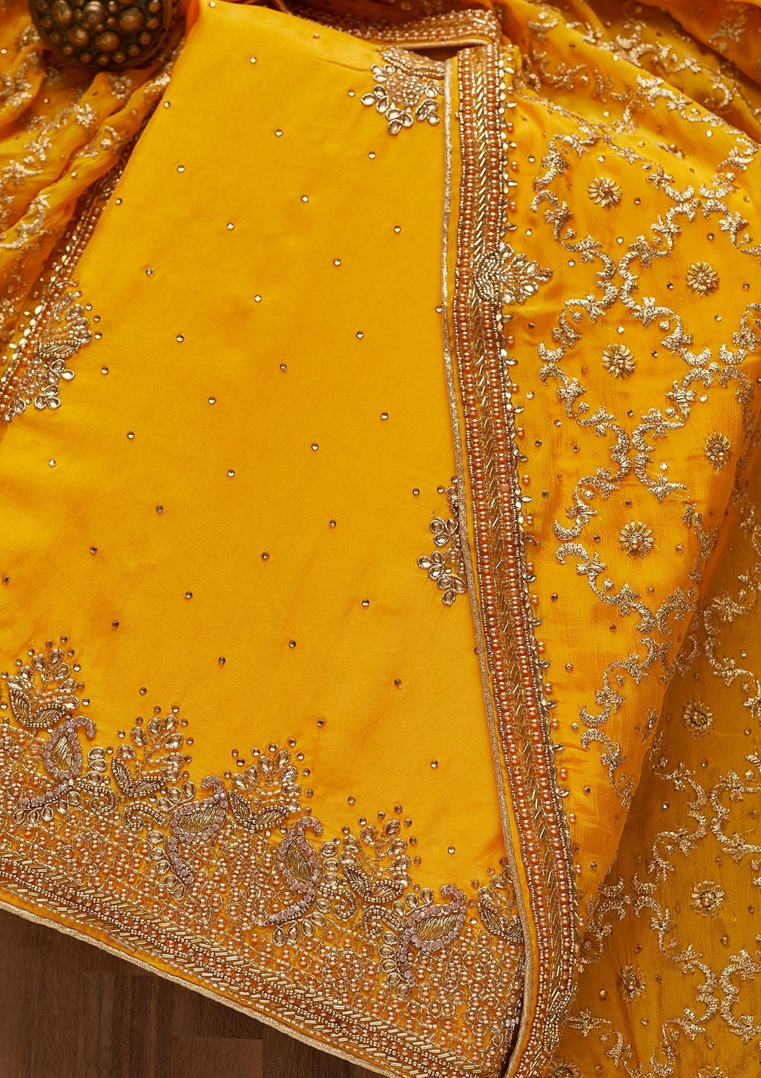 Yellow Stonework Semi Crepe Unstitched Salwar Suit-Koskii