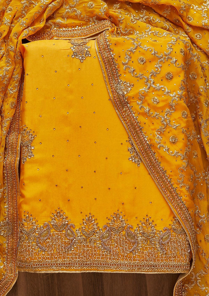 Yellow Stonework Semi Crepe Unstitched Salwar Suit-Koskii