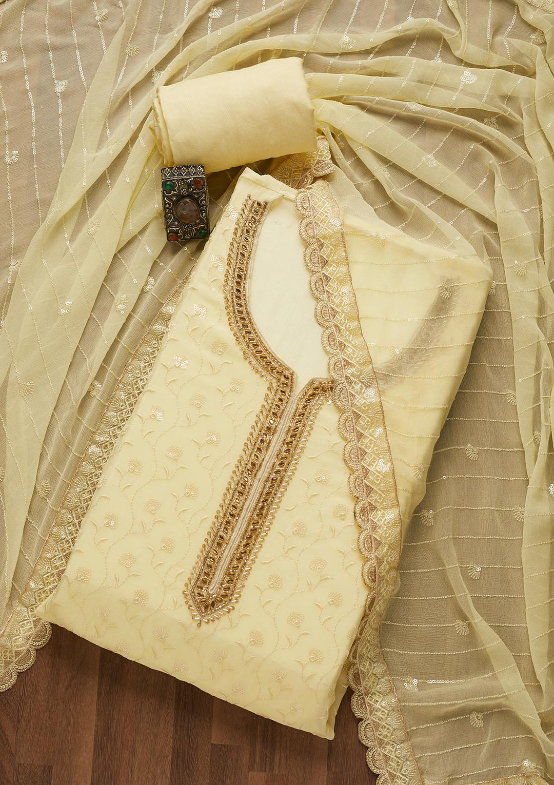 Yellow Stonework Semi Crepe Unstitched Salwar Suit-Koskii