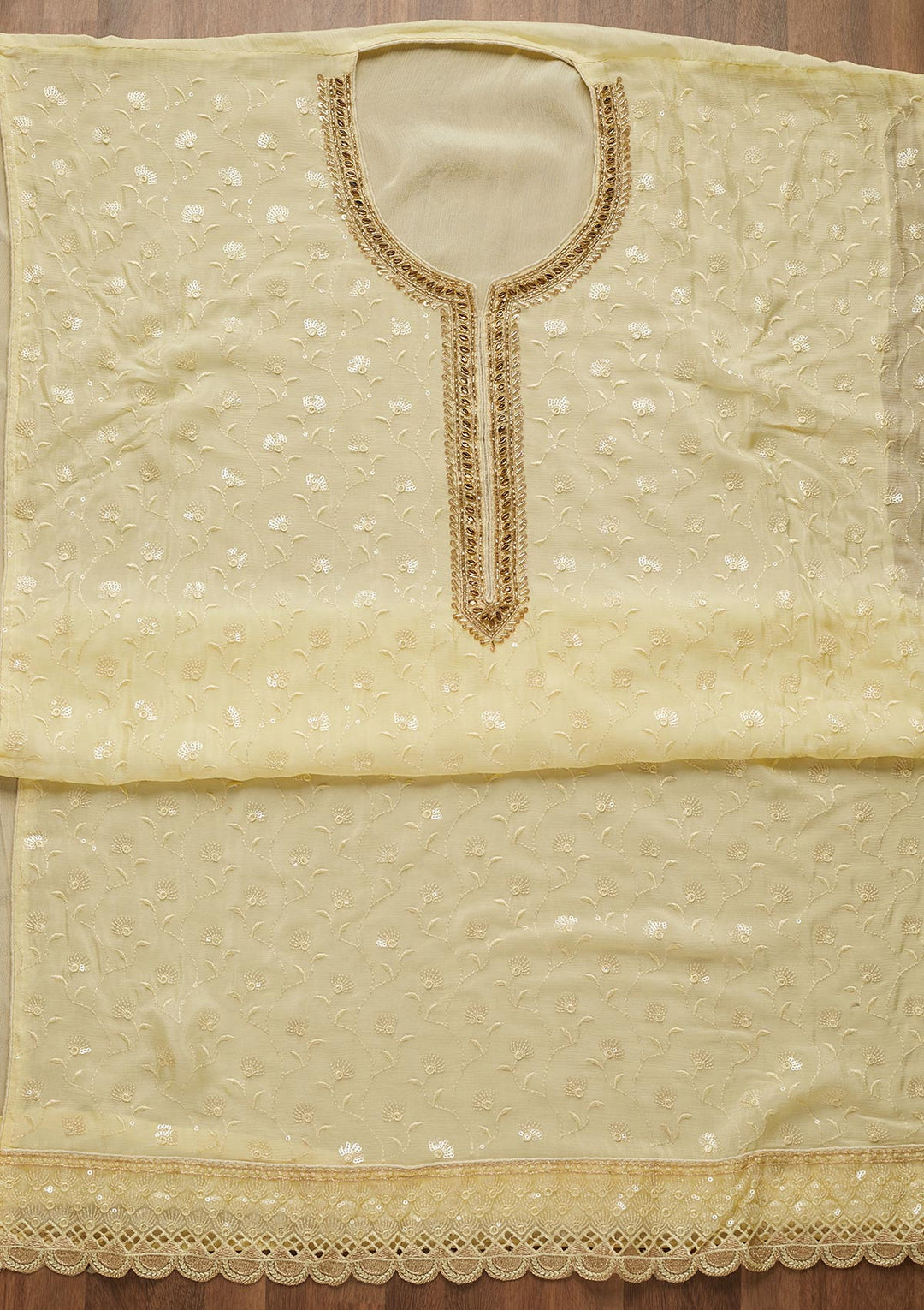 Yellow Stonework Semi Crepe Unstitched Salwar Suit-Koskii