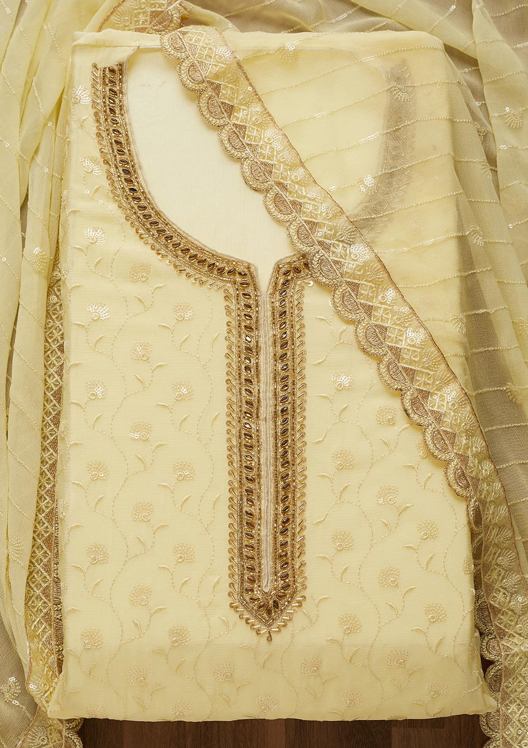 Yellow Stonework Semi Crepe Unstitched Salwar Suit-Koskii