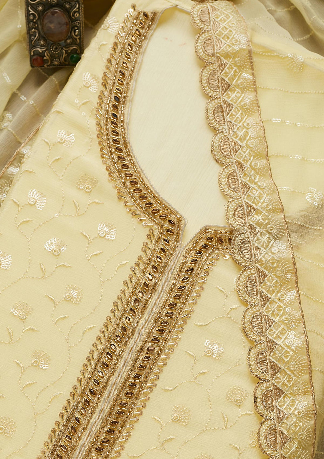 Yellow Stonework Semi Crepe Unstitched Salwar Suit-Koskii