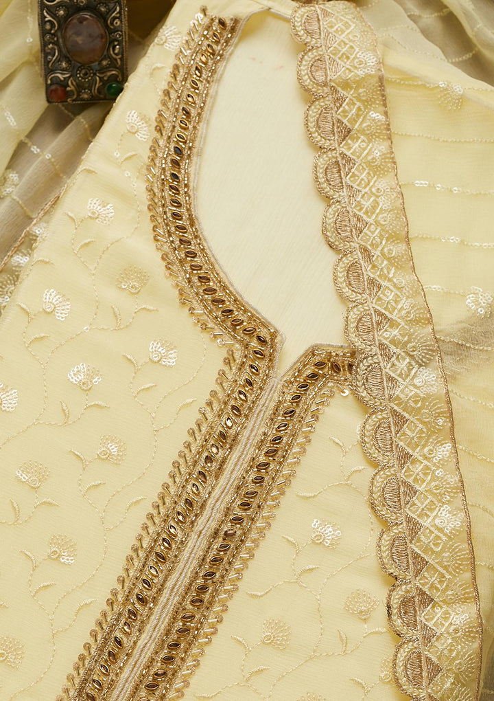 Yellow Stonework Semi Crepe Unstitched Salwar Suit-Koskii