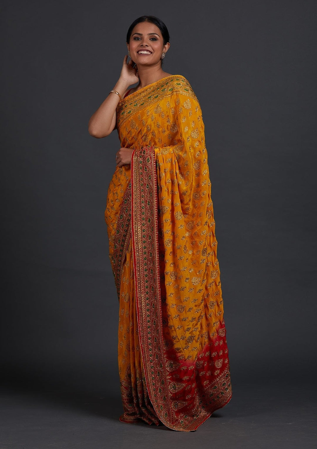 Yellow Stonework Semi Crepe Designer Saree - Koskii