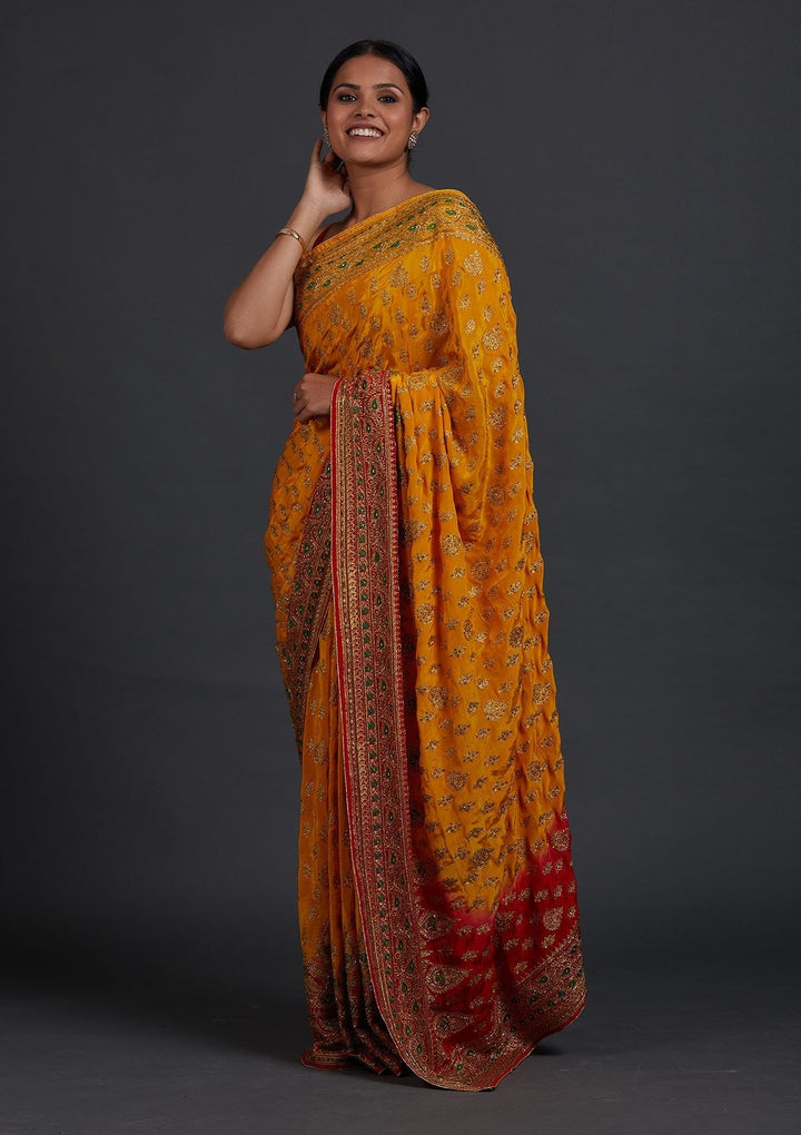 Yellow Stonework Semi Crepe Designer Saree - Koskii