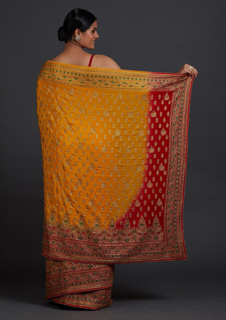 Yellow Stonework Semi Crepe Designer Saree - Koskii