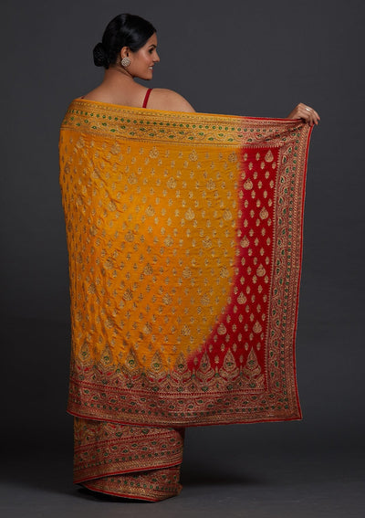 Yellow Stonework Semi Crepe Designer Saree - Koskii