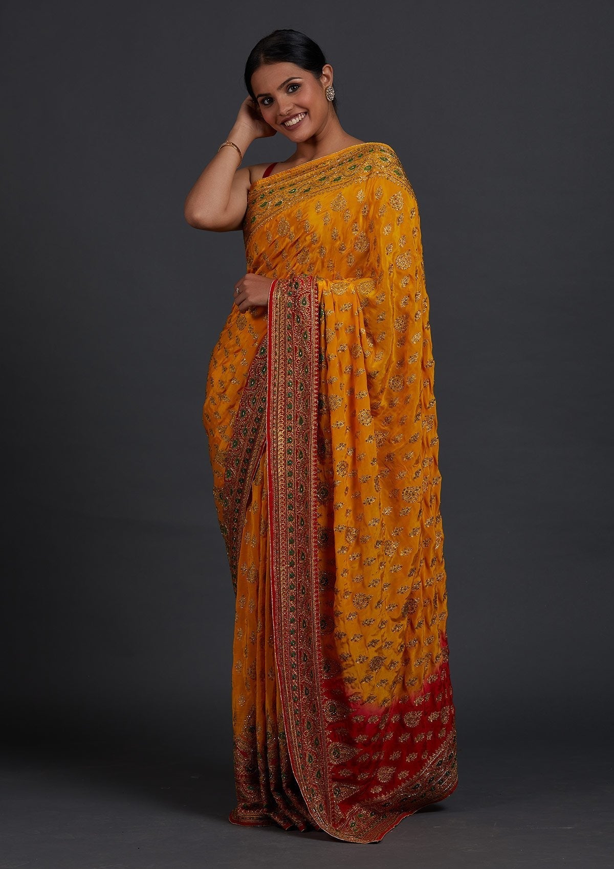 Yellow Stonework Semi Crepe Designer Saree - Koskii