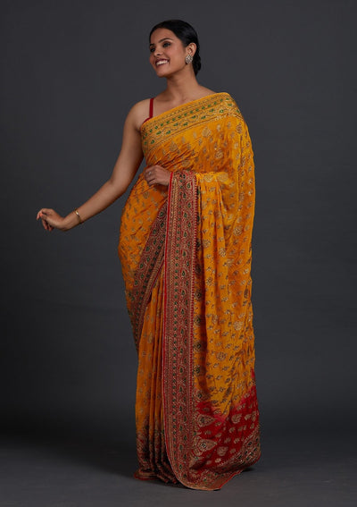Yellow Stonework Semi Crepe Designer Saree - Koskii