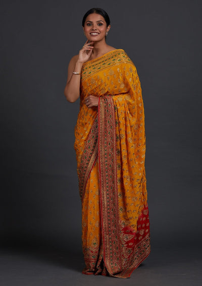 Yellow Stonework Semi Crepe Designer Saree - Koskii
