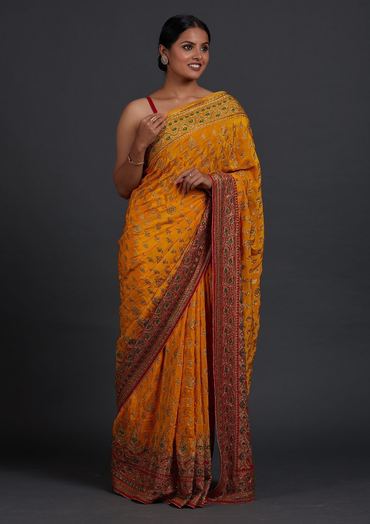 Yellow Stonework Semi Crepe Designer Saree - Koskii