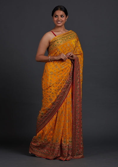 Yellow Stonework Semi Crepe Designer Saree - Koskii