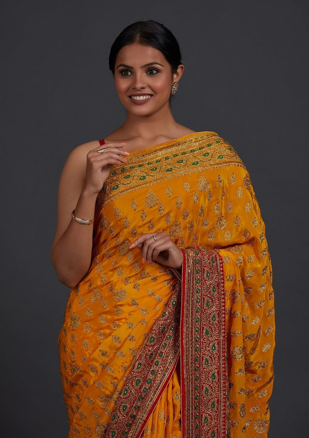 Yellow Stonework Semi Crepe Designer Saree - Koskii