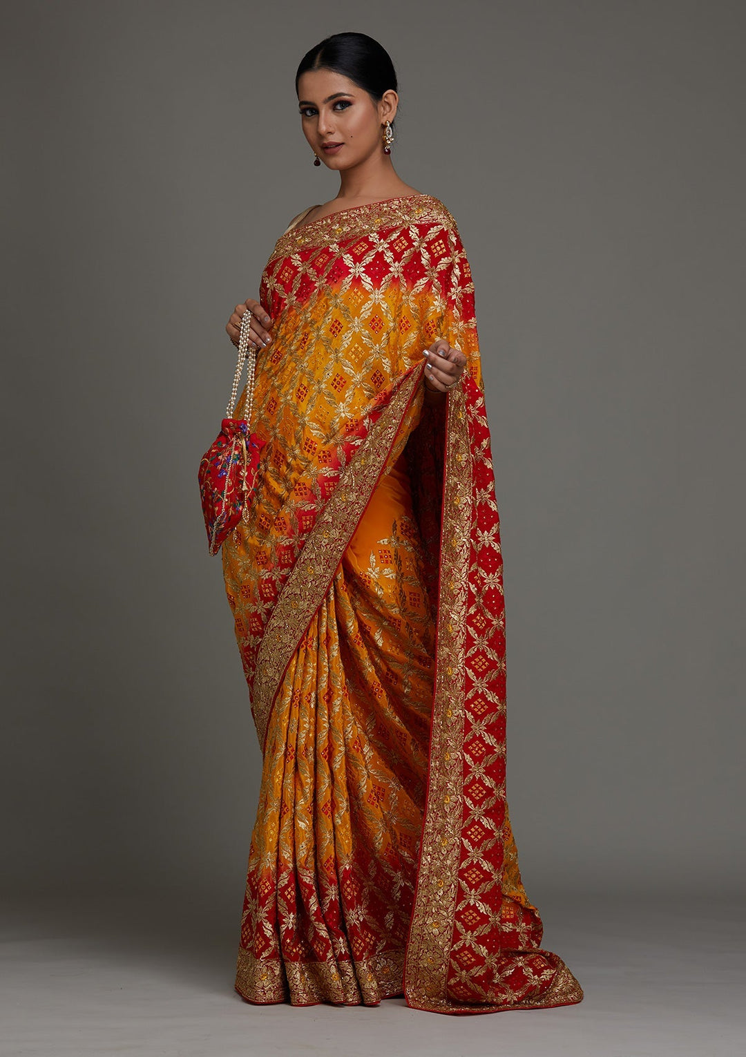 Yellow Stonework Semi Crepe Saree- Koskii