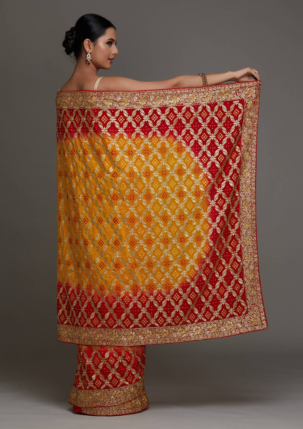 Yellow Stonework Semi Crepe Saree - Koskii