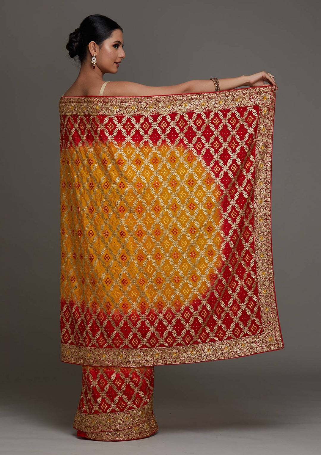 Yellow Stonework Semi Crepe Saree - Koskii